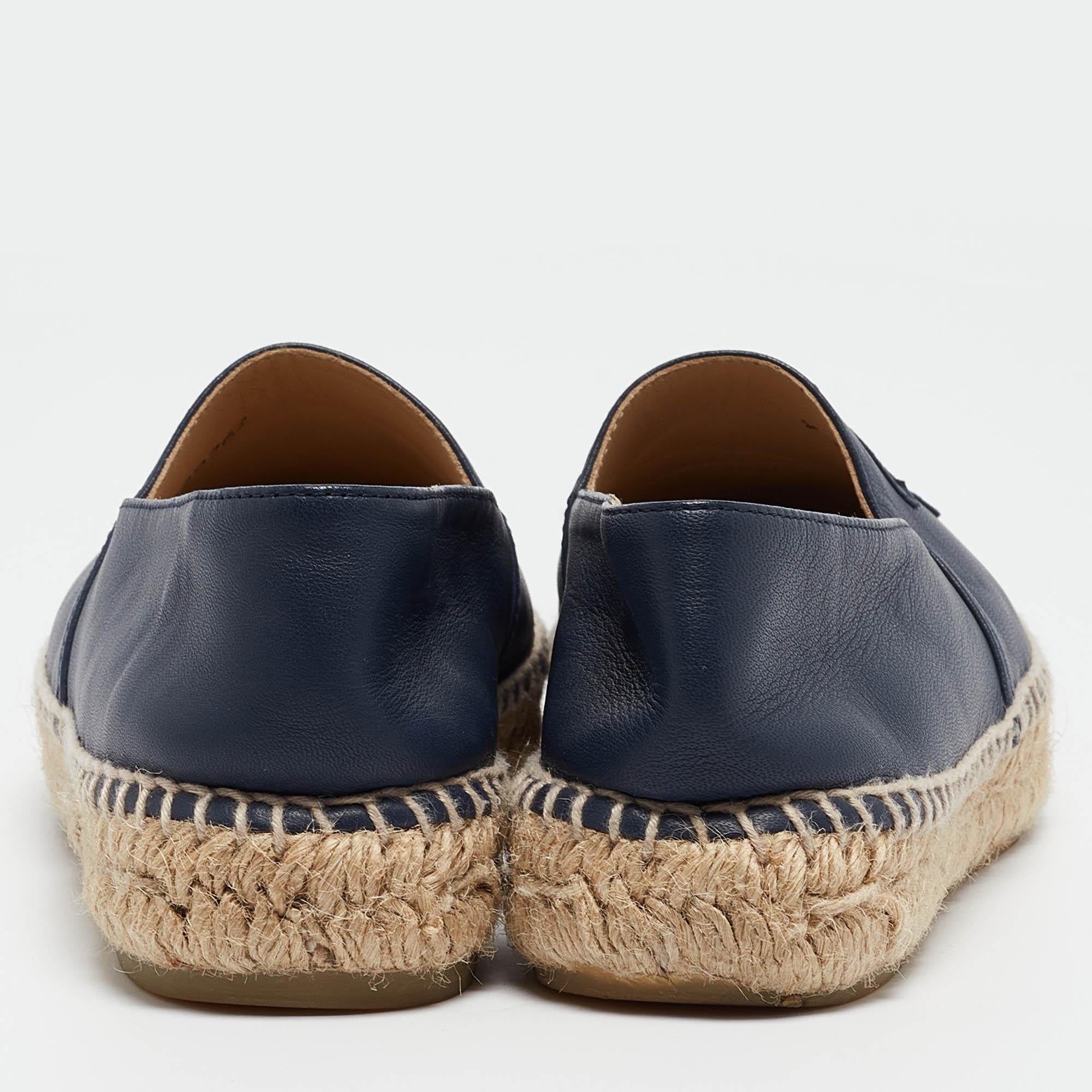 Chanel Navy Blue Leather CC Cap Toe Espadrille Flats Size 37 1