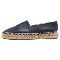 Chanel Navy Blue Leather  CC Cap Toe Espadrille Flats Size 37