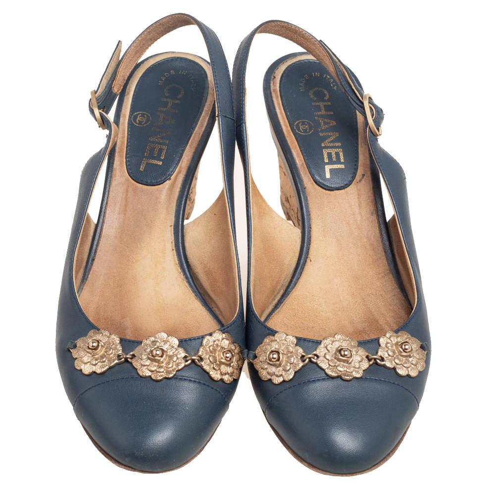 Gray Chanel Navy Blue Leather CC Cap Toe Wedge Slingback Sandals Size 37