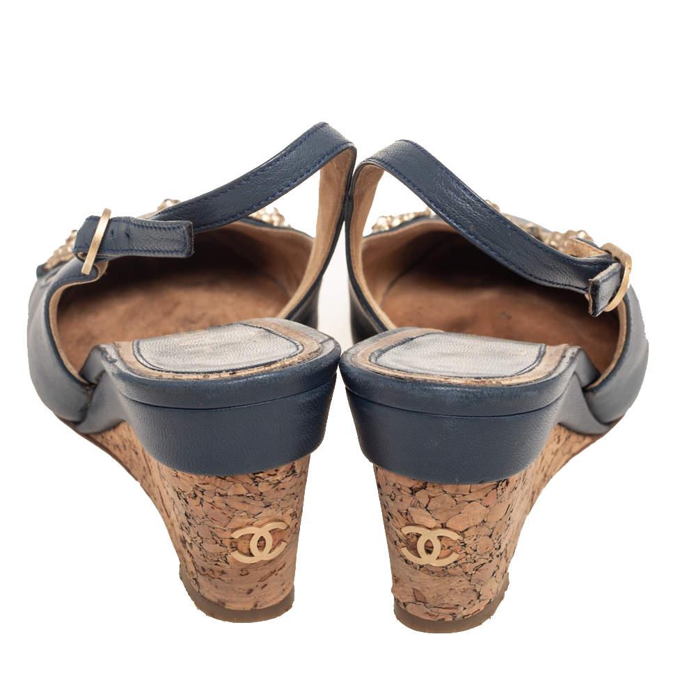 Women's Chanel Navy Blue Leather CC Cap Toe Wedge Slingback Sandals Size 37