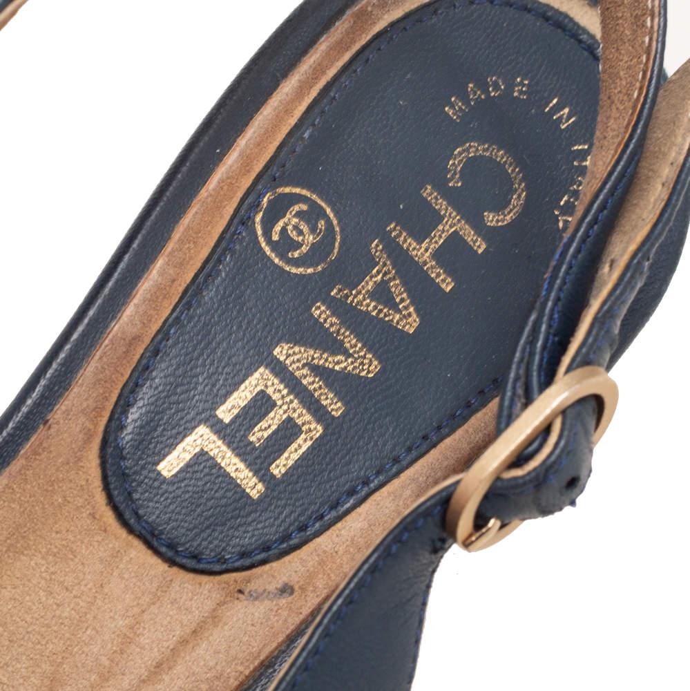 Chanel Navy Blue Leather CC Cap Toe Wedge Slingback Sandals Size 37 2