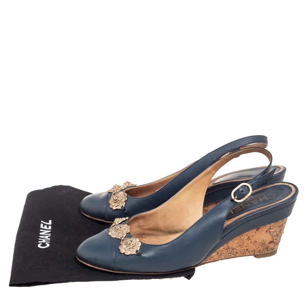 Chanel Navy Blue Leather CC Cap Toe Wedge Slingback Sandals Size 37 4