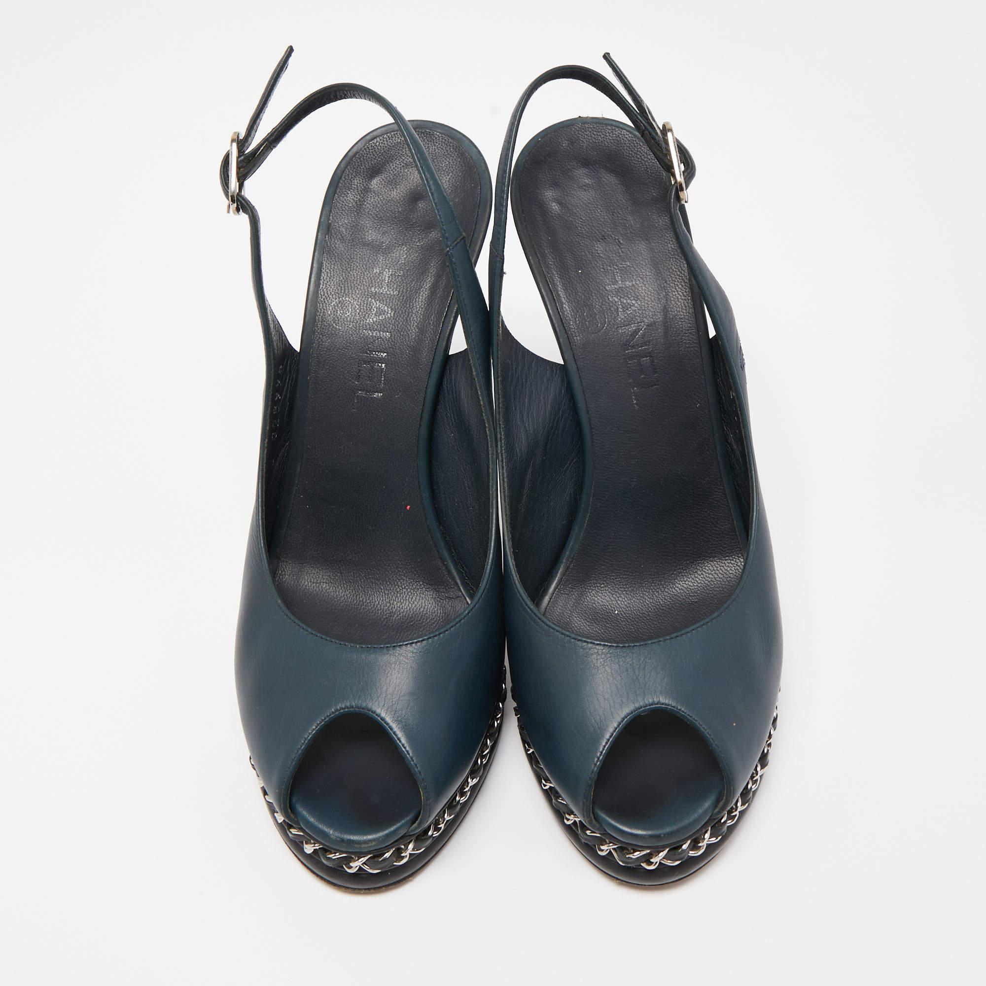 Black Chanel Navy Blue Leather CC Chain Detail Peep Toe Platform Slingback Sandals 