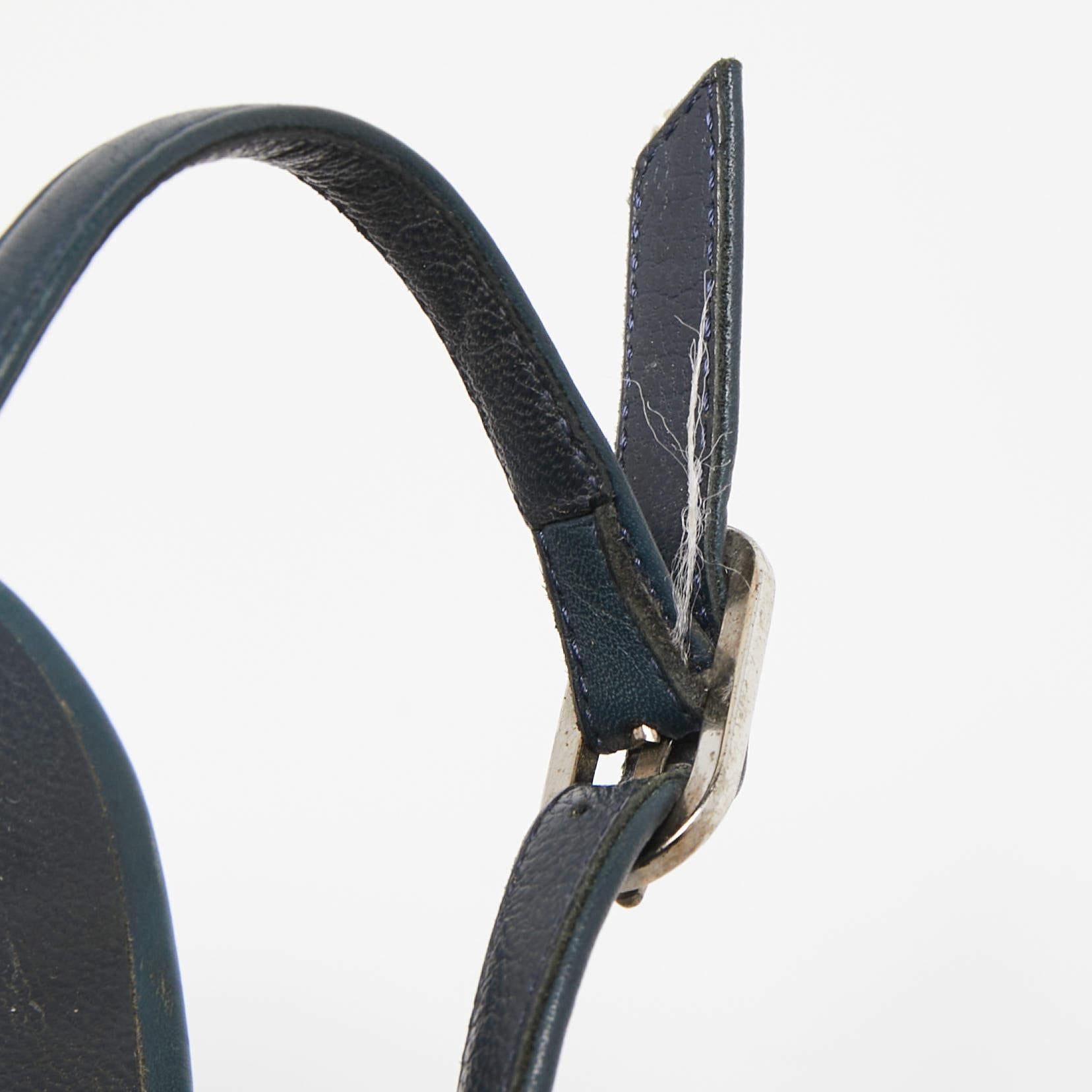 Chanel Navy Blue Leather CC Chain Detail Peep Toe Platform Slingback Sandals  4