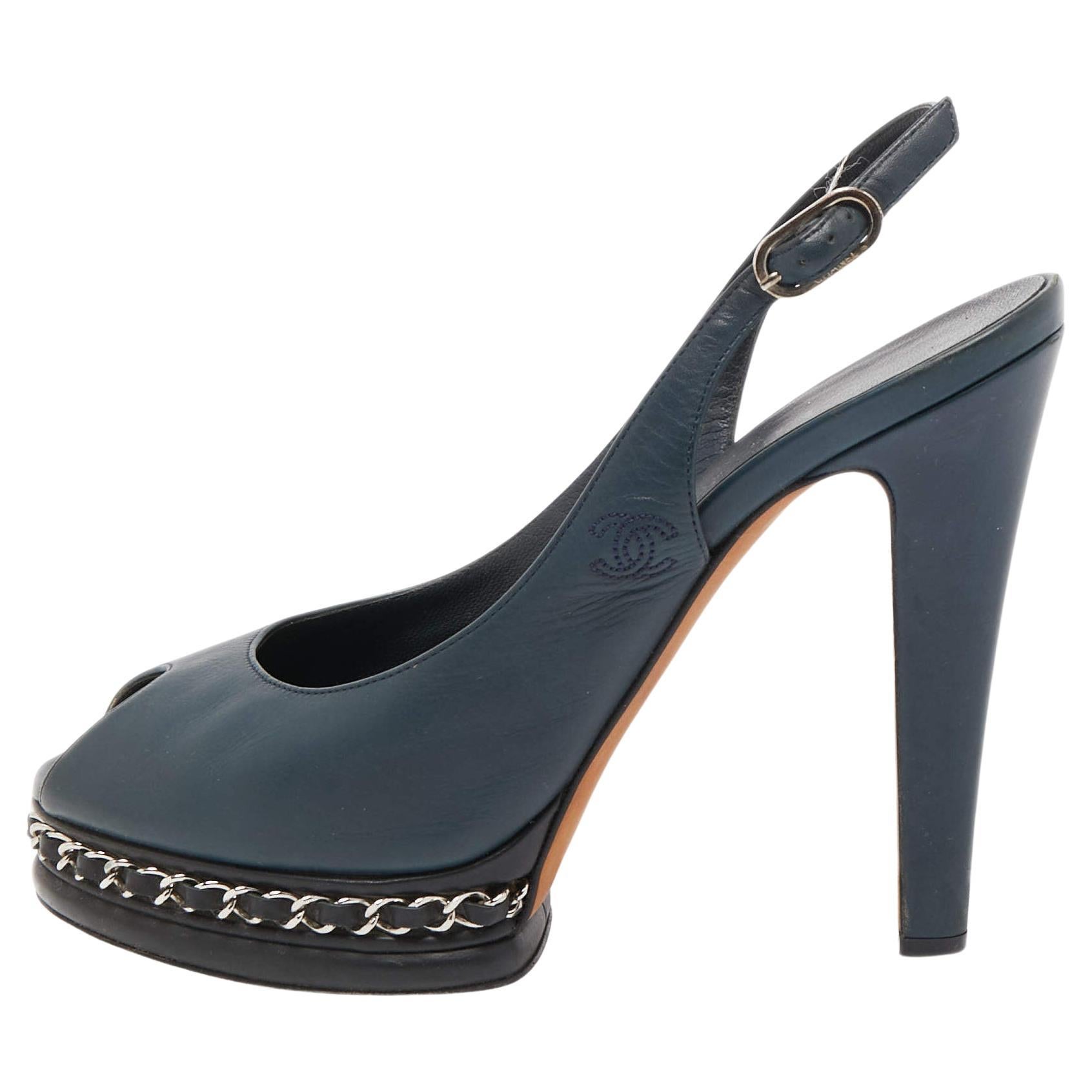 Chanel Navy Blue Leather CC Chain Detail Peep Toe Platform Slingback Sandals 