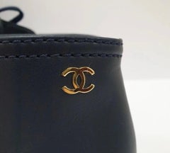 Chanel Navy Blue Leather CC logo Lace Up Booties