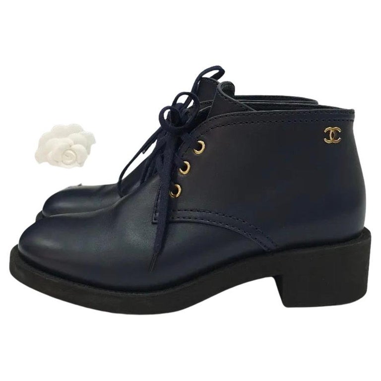 Chanel Gold Leather CC Lace Up Ankle Boots Size 41