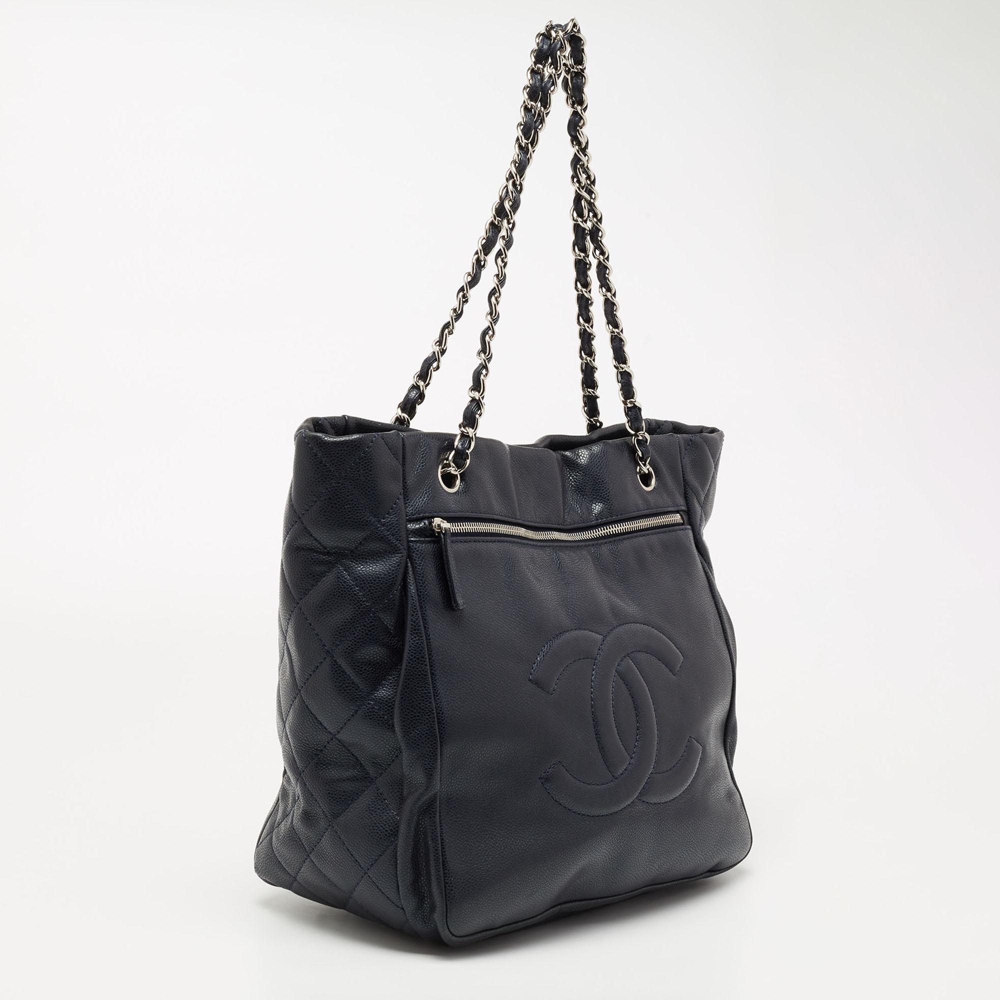 Black Chanel Navy Blue Leather CC Timeless Tote Bag