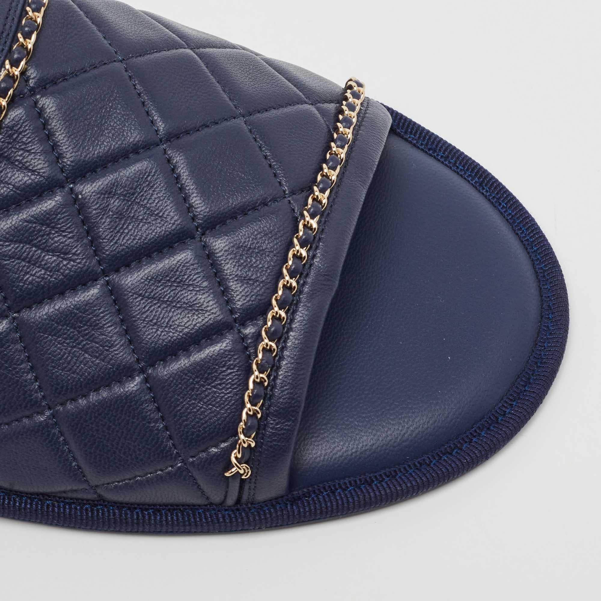 Women's Chanel Navy Blue Leather Chain Link CC Flat Slides Size L