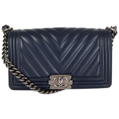 CHANEL navy blue leather CHEVRON BOY MEDIUM Shoulder Bag Mermaid PVC