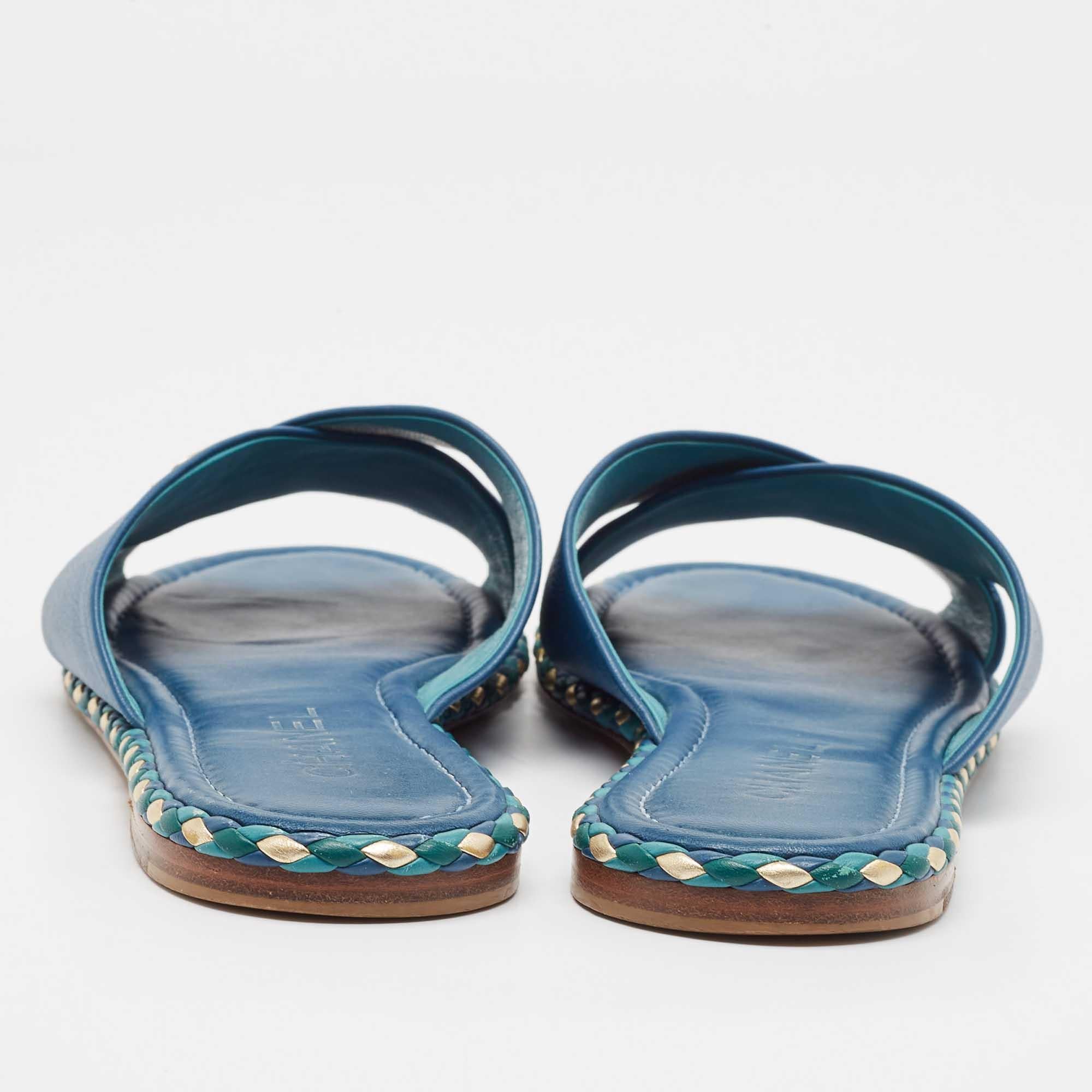 Chanel Navy Blue Leather Flat Sandals Size 42 1
