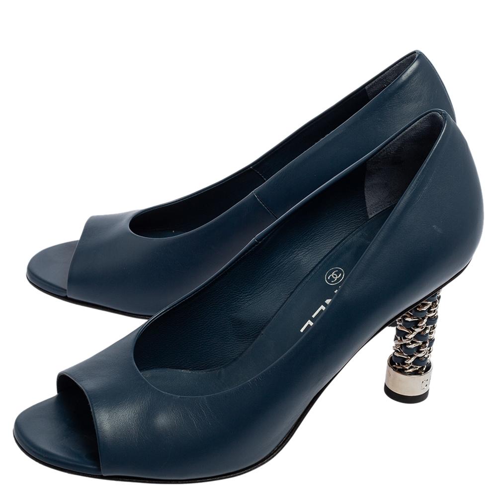 Black Chanel Navy Blue Leather Peep Toe Pumps Size 38