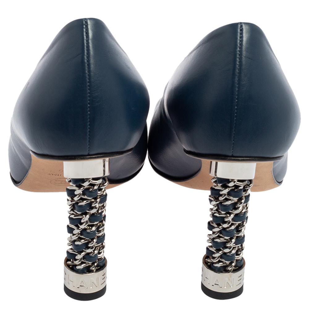 Women's Chanel Navy Blue Leather Peep Toe Pumps Size 38