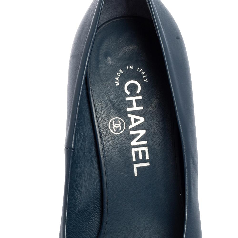 Chanel Navy Blue Leather Peep Toe Pumps Size 38 1