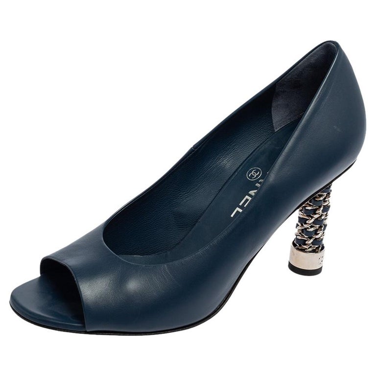 Chanel Navy Blue Leather Peep Toe Pumps Size 38 at 1stDibs