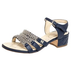 Chanel Navy Blue Leather Reissue Chain Detail Quilted Heel Ankle Strap Sandals S