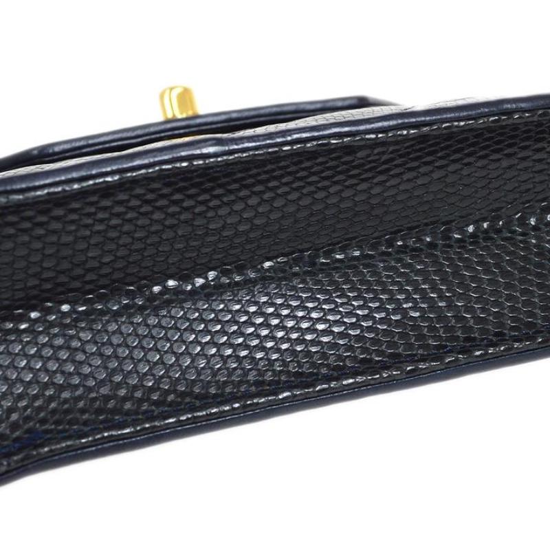 CHANEL Navy Blue Lizard Exotic Leather Quilted Gold Octagon Evening Shoulder Bag In Good Condition In Chicago, IL