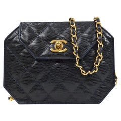 CHANEL Navy Blue Lizard Exotic Leather Quilted Gold Octagon Evening Shoulder Bag