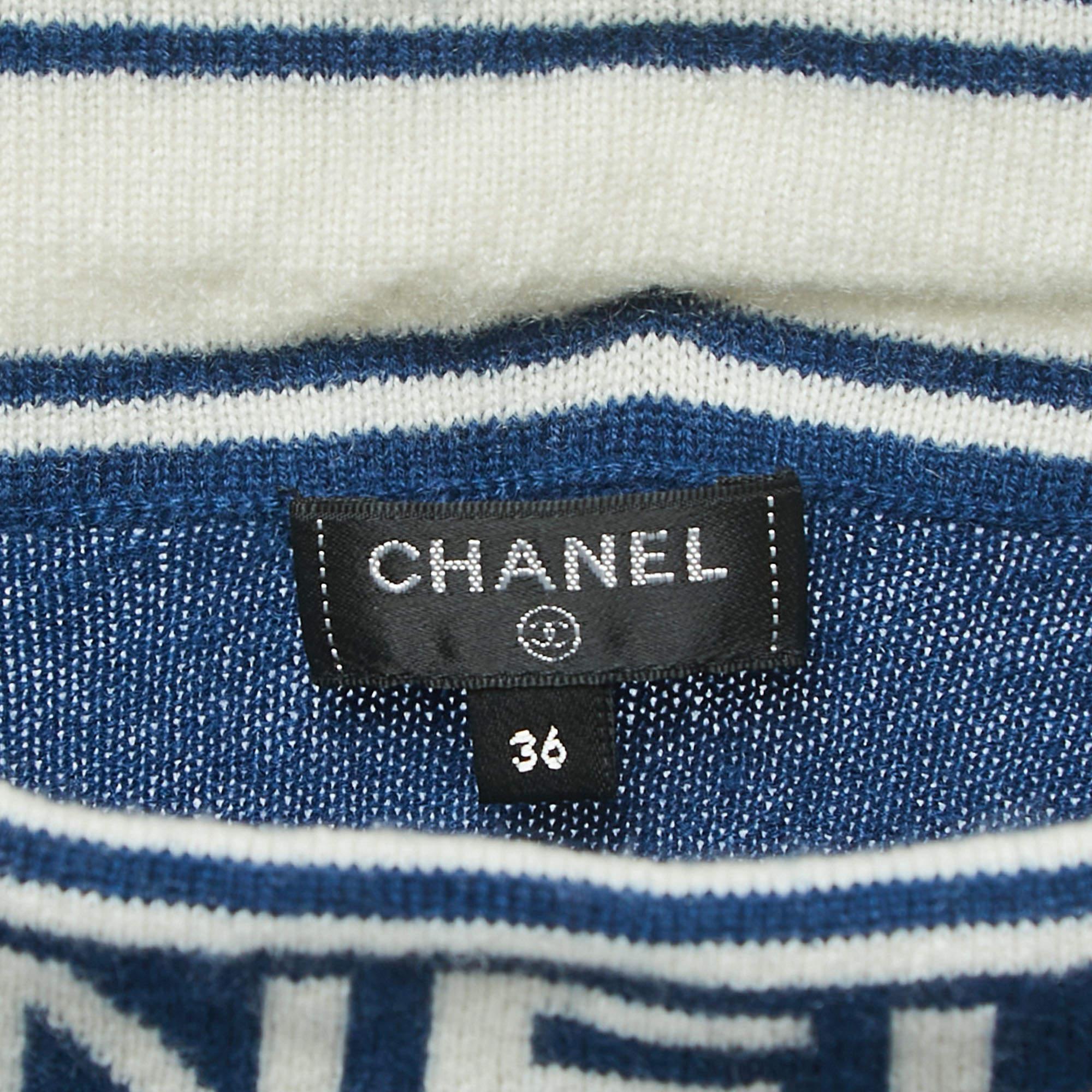 Chanel Navy Blue Logo Patterned Cashmere Mini Skirt S In Good Condition In Dubai, Al Qouz 2