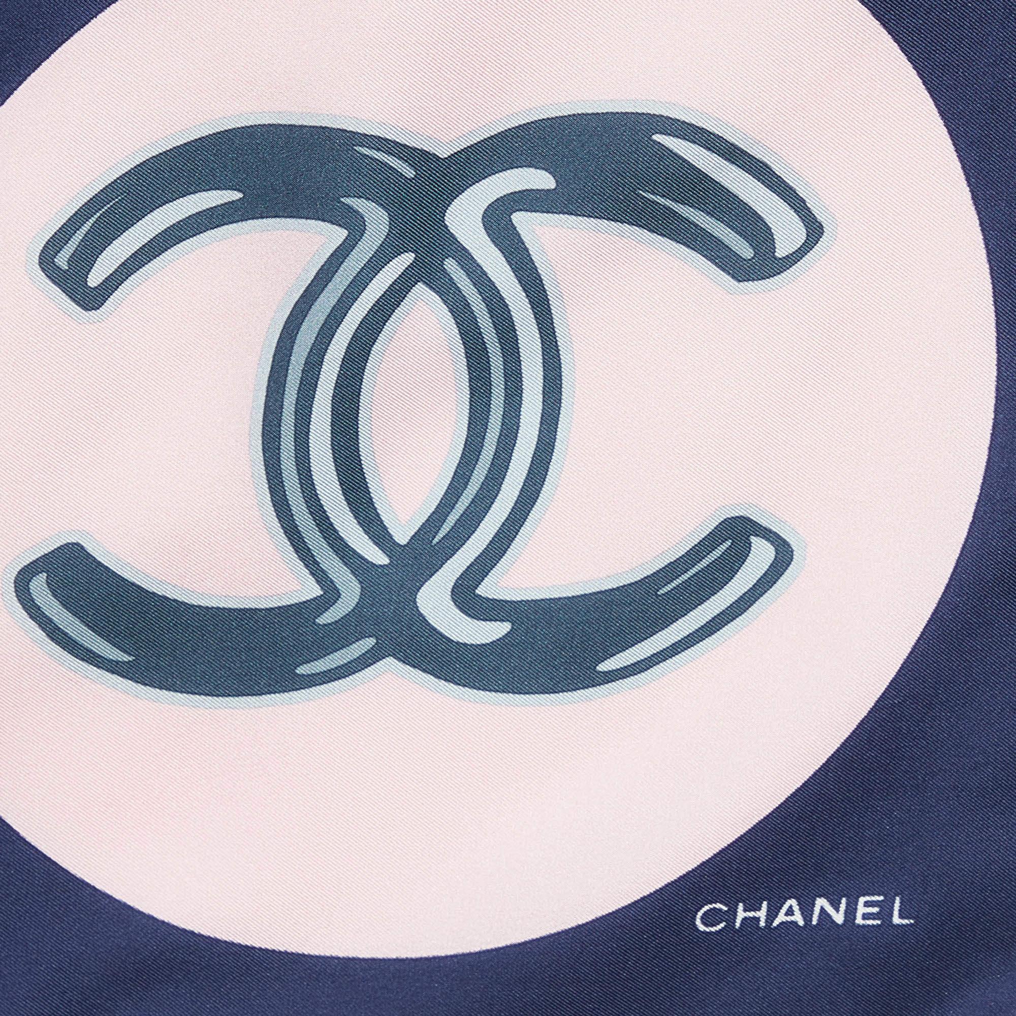 Chanel Navy Blue Lucky Charms Print Silk Square Scarf In Excellent Condition In Dubai, Al Qouz 2