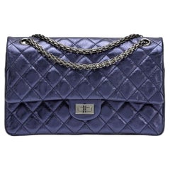 Chanel Navy Blue Metallic Quilted Crinkled Calfskin 2.55 Reissue Double Flap Bag