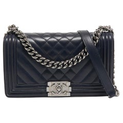 Chanel Navy Blue Mixed Quilted Leather Medium Boy Flap Bag