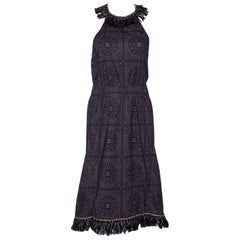 Chanel Navy Blue Monogram Print Cotton Fringed Halter Dress S