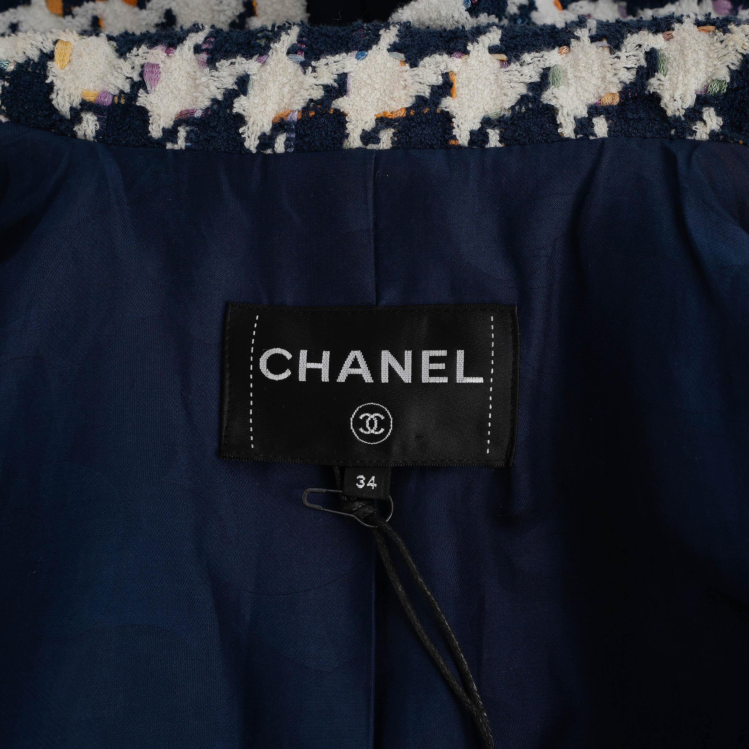 Chanel giacca in cotone blu navy e multi 21P OVERSIZE HOUNDSTOOTH TWEED 34 XS in vendita 2