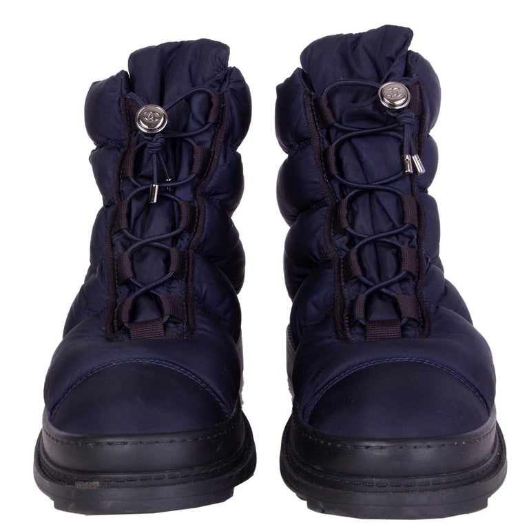 CHANEL navy blue nylon DOWN Ankle SNOW Boots Shoes 36 at 1stDibs