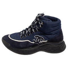 Chanel Navy Blue Nylon, PVC, and Suede High Top Lace Up Sneakers Size 36