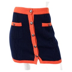 Chanel Navy Blue & Orange Cashmere Knit Mini Skirt