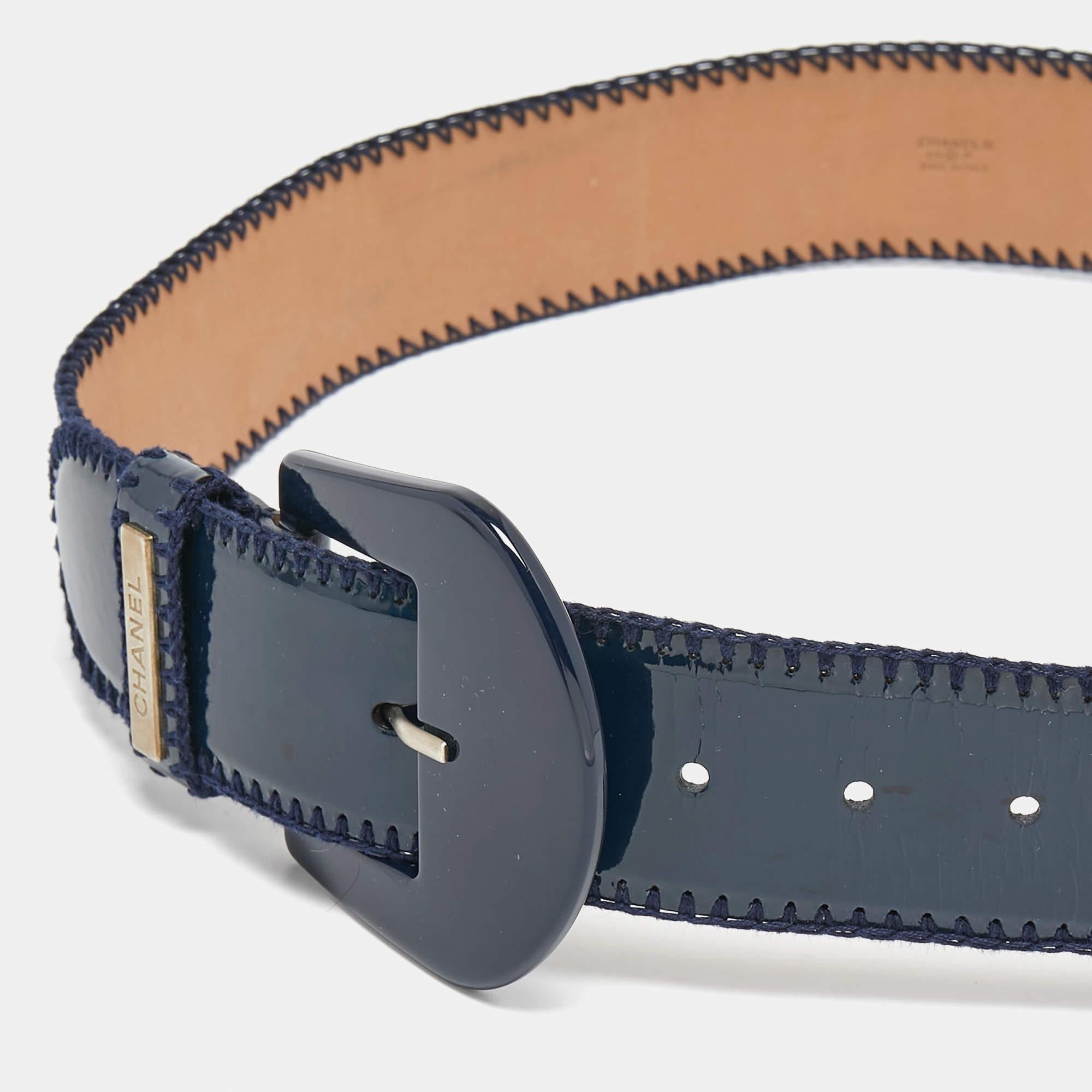 Chanel Navy Blue Patent Leather Buckle Belt 85CM 2