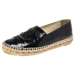 Chanel Navy Blue Patent Leather CC Cap Toe Espadrille Flats Size 36