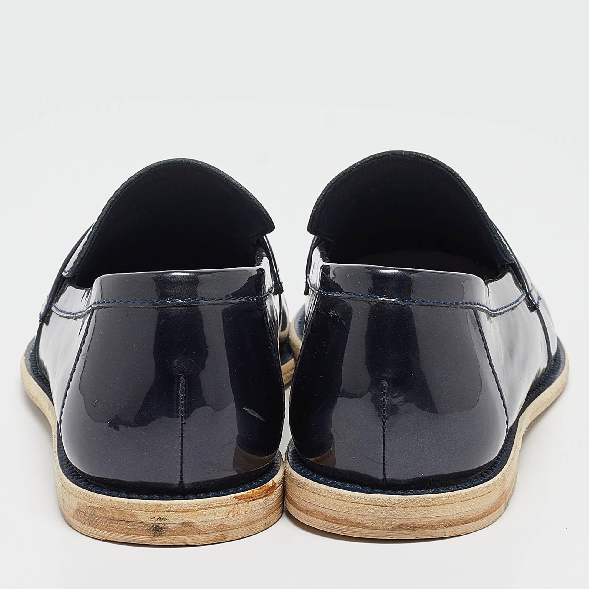 Women's Chanel Navy Blue Patent Leather CC Loafers Size 38.5