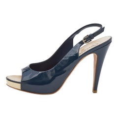 Chanel Navy Blue Patent Leather CC Open Toe Platform Slingback Sandals Size 41.5
