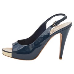 Chanel Navy Blue Patent Leather CC Open Toe Platform Slingback Sandals Size 41.5
