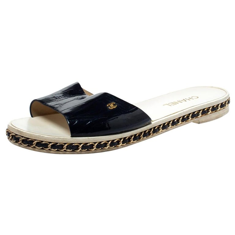 Chanel Navy Blue Patent Leather Chain Detail Slide Flat Sandals