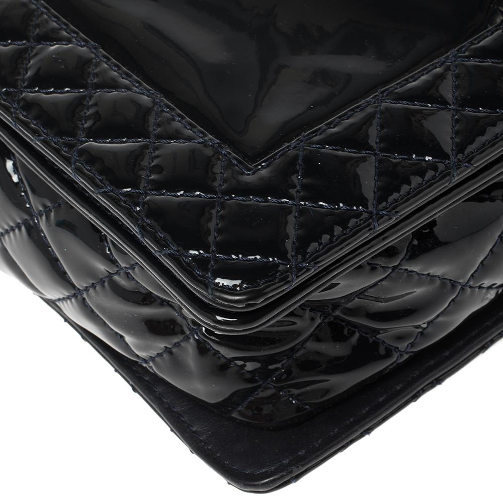 Chanel Navy Blue Patent Leather Medium Boy Reverso Bag 2