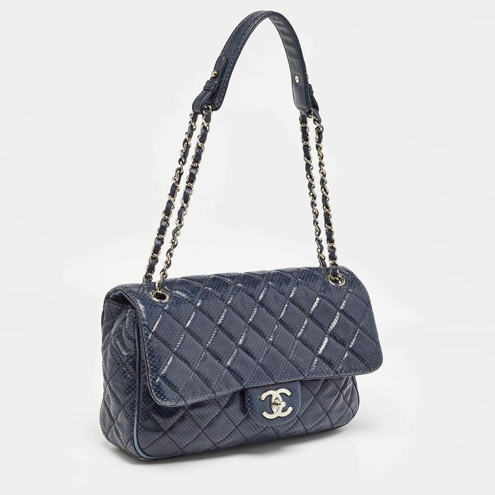 Gray Chanel Navy Blue Perforated Leather Punch Flap Bag