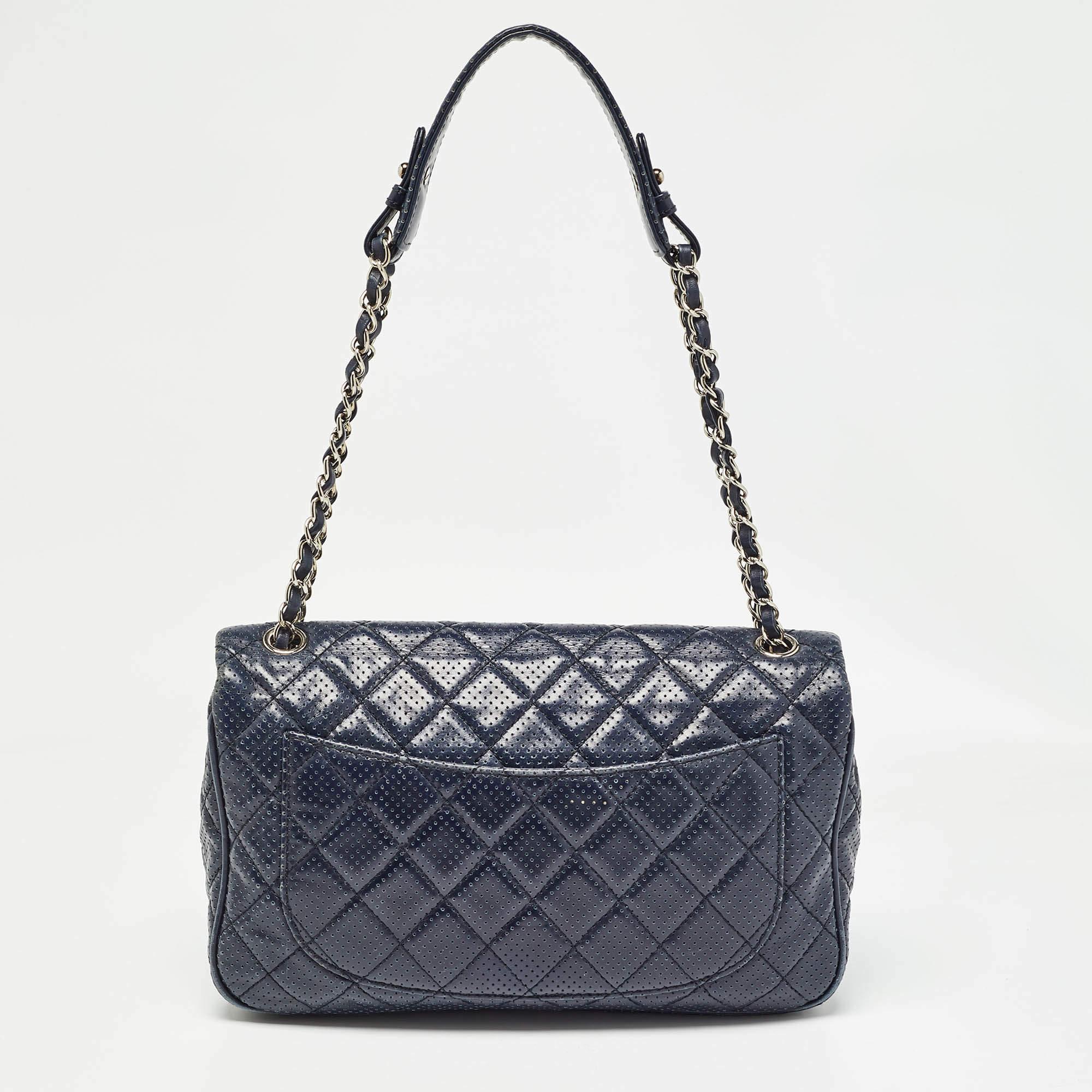 Chanel Navy Blue Perforated Leather Punch Flap Bag In Fair Condition In Dubai, Al Qouz 2
