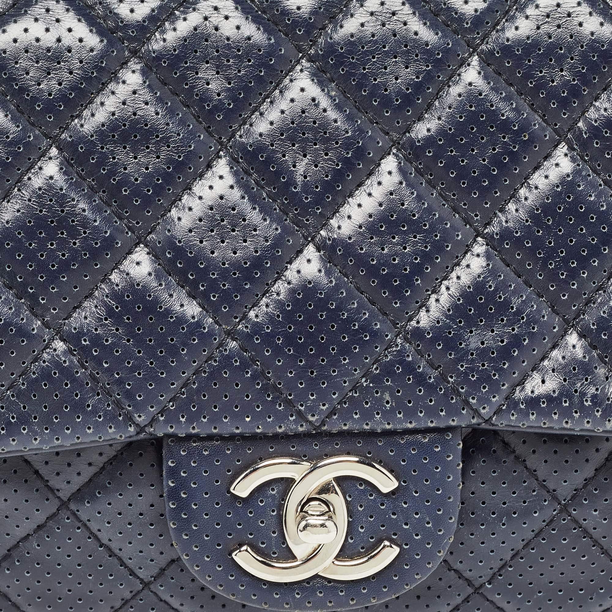 Women's Chanel Navy Blue Perforated Leather Punch Flap Bag