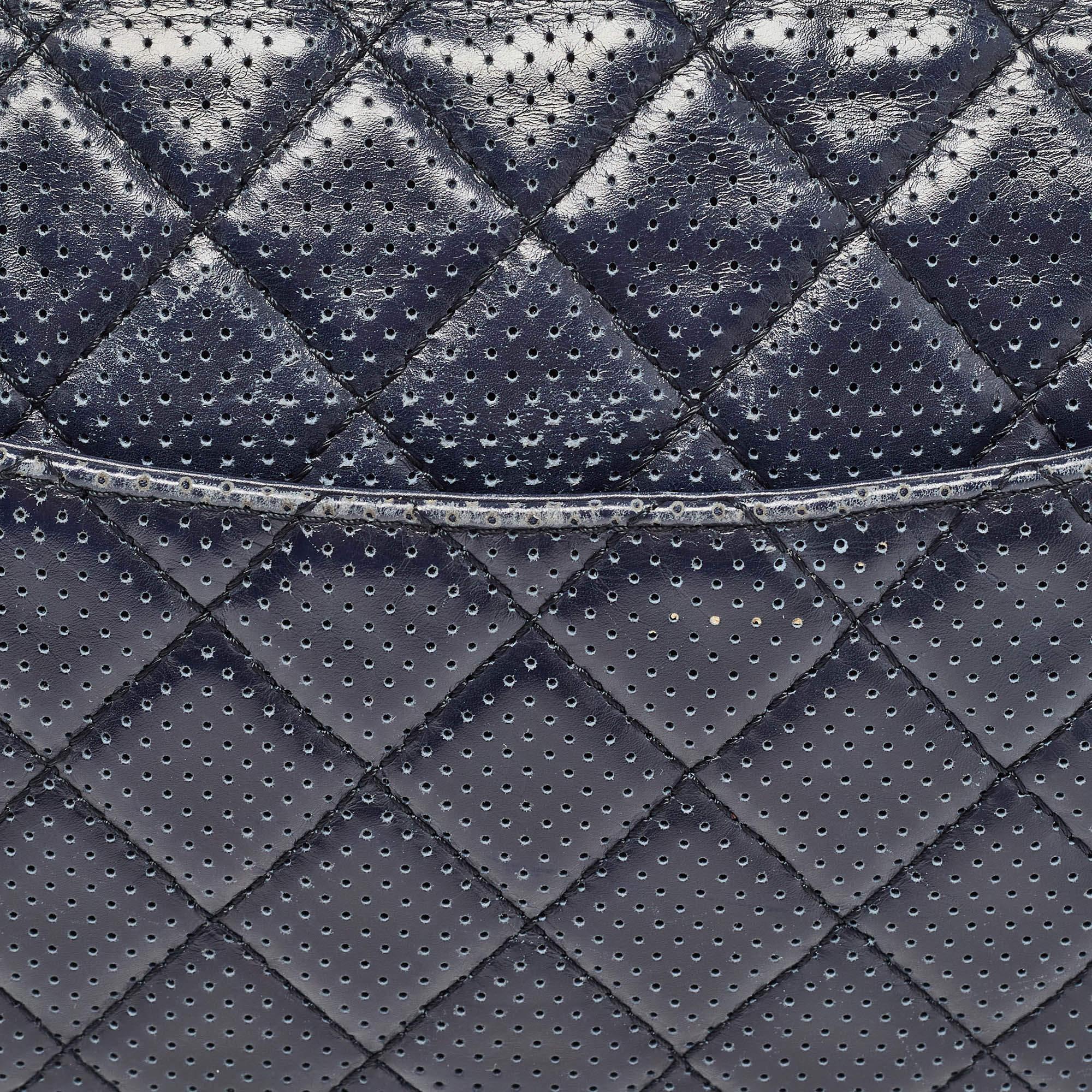 Chanel Navy Blue Perforated Leather Punch Flap Bag 1
