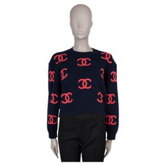 CHANEL navy blue & pink cashmere 21P CC JACQUARD Sweater 40 M