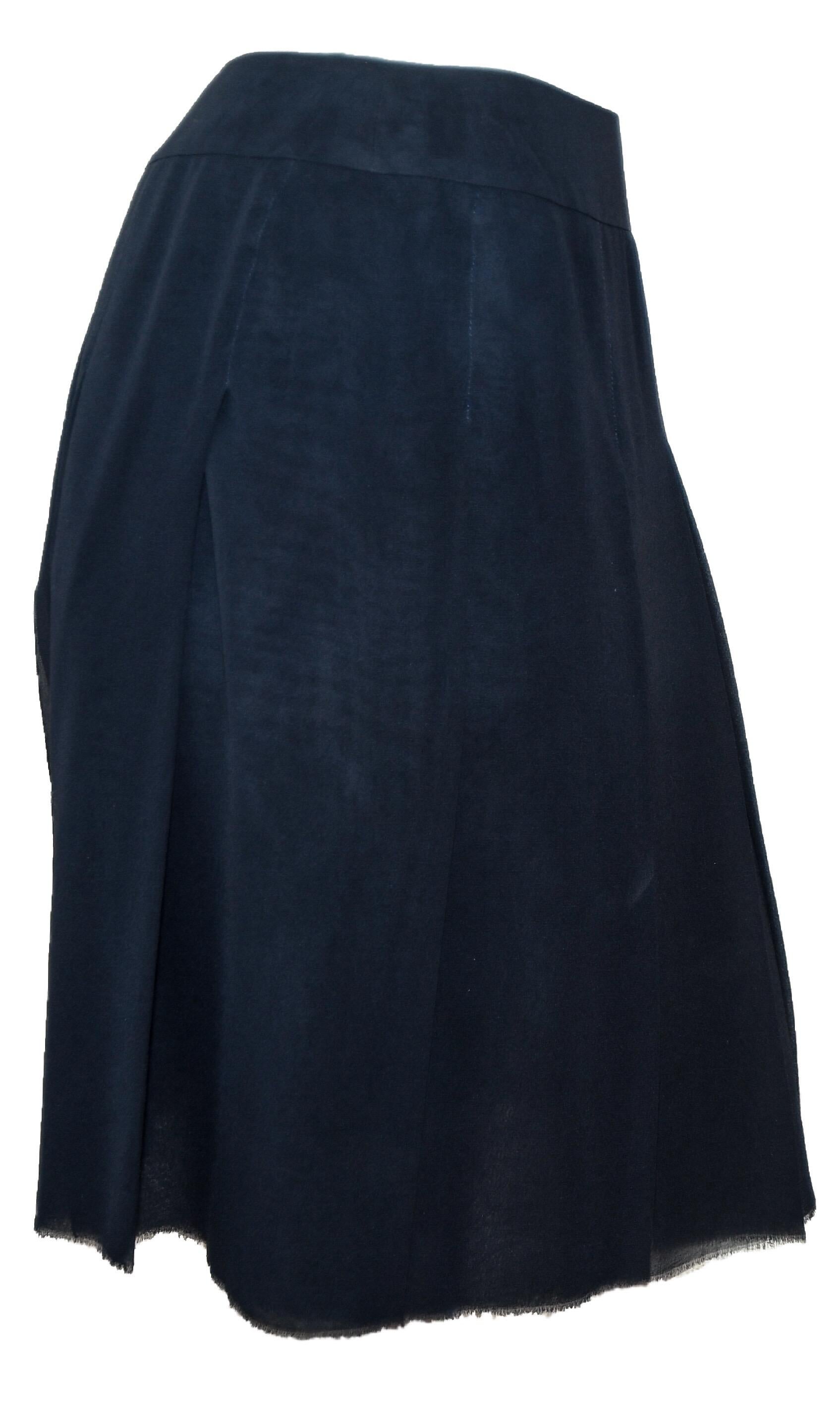 Chanel Navy Blue Pleated Silk Chiffon Slightly Frayed at Hem 40 In Excellent Condition In Palm Beach, FL