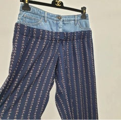 Chanel Marineblaues bedrucktes Seiden-Denim-Tailleband Palazzo aus Denim