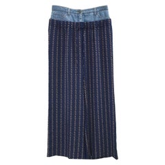 Chanel Navy Blue Printed Silk Denim Waistband Palazzo