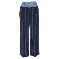 Chanel Marineblaue bedruckte Palazzo-Hose aus Seide und Denim mit Tailleband aus Denim M