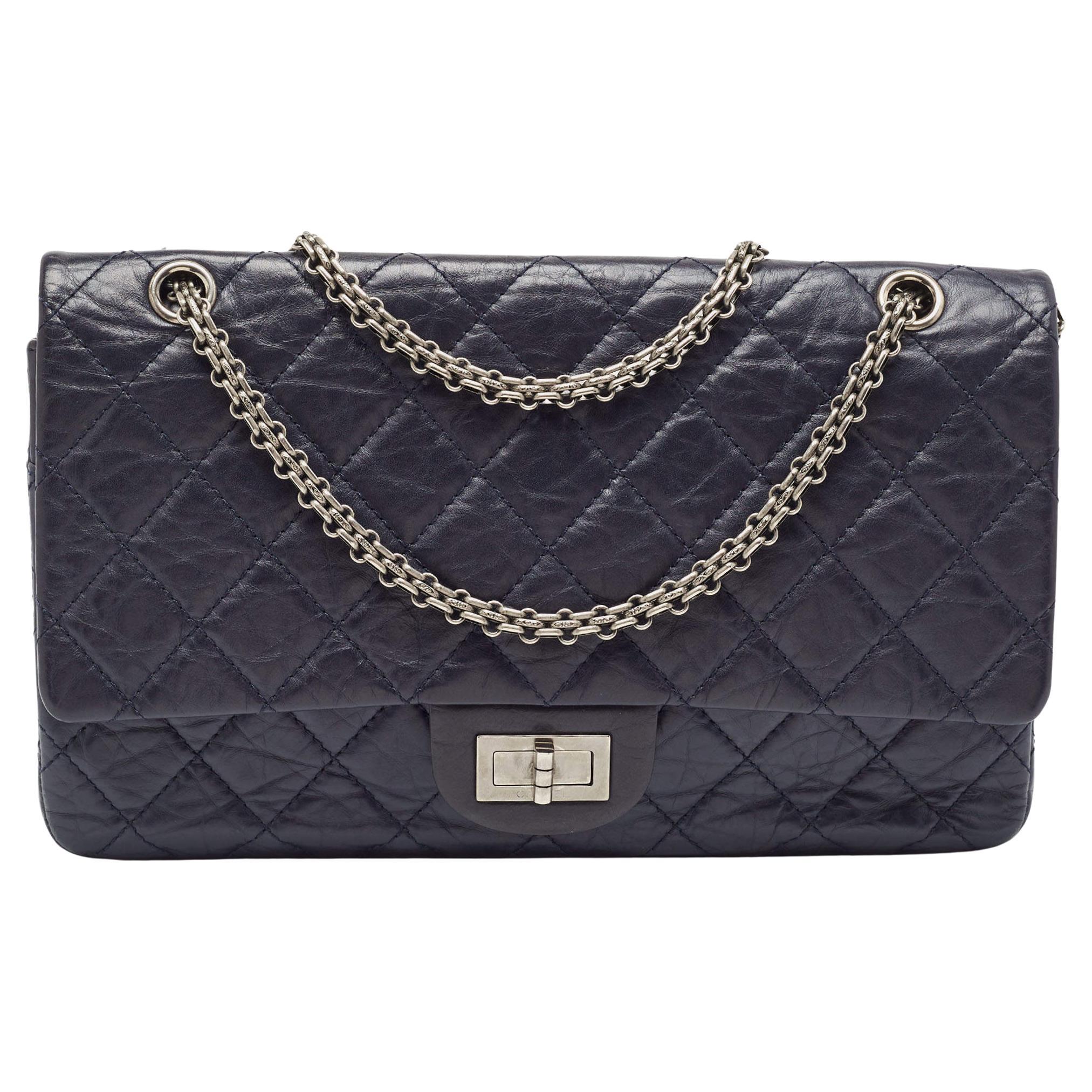 Chanel Navy Blue Quilted Aged Leather 227 Reissue 2.55 Flap Bag For Sale