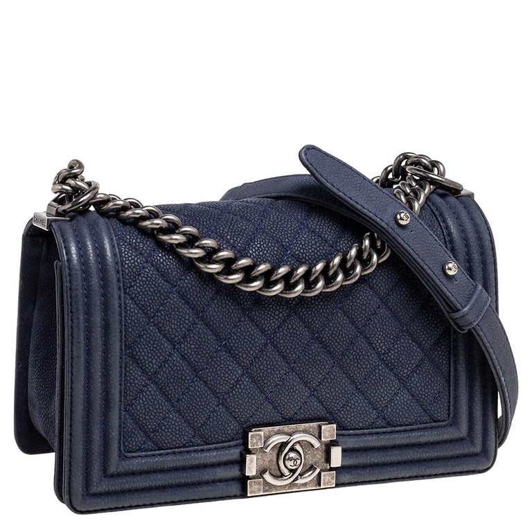 Chanel Navy Blue Quilted Caviar Leather Medium Boy Flap Bag at 1stDibs