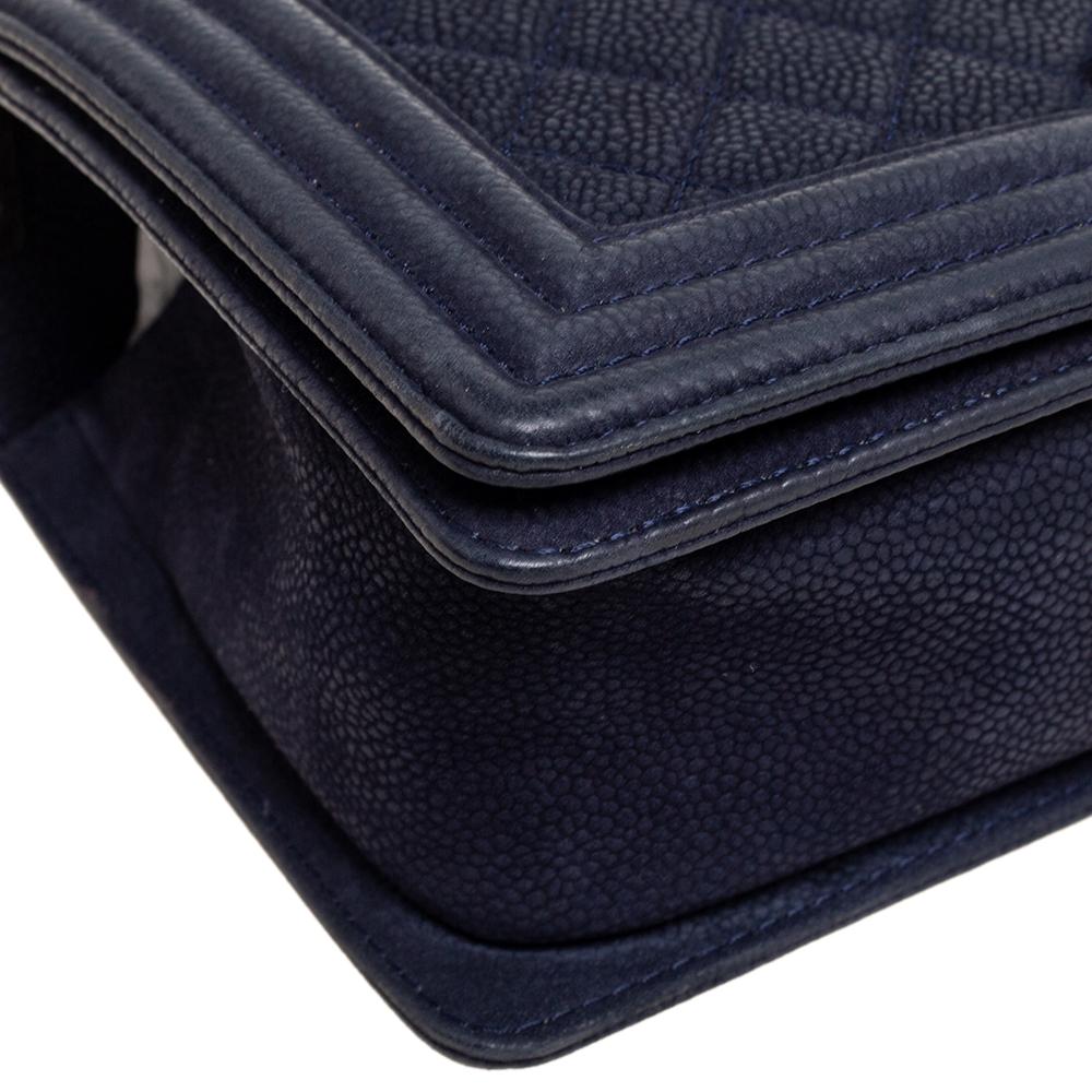 Black Chanel Navy Blue Quilted Caviar Leather Medium Boy Flap Bag